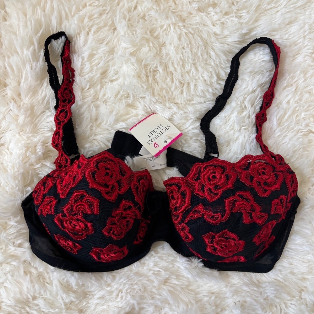 Rare Vintage 1997 Victoria's Secret Red Rose Embroidery Mesh Bra 36B NWT 3771
